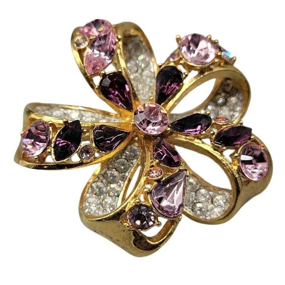Nolan Miller Brooch Amethyst Purple & Clear Crystals Double Layer Gold Tone - Picture 7 of 15